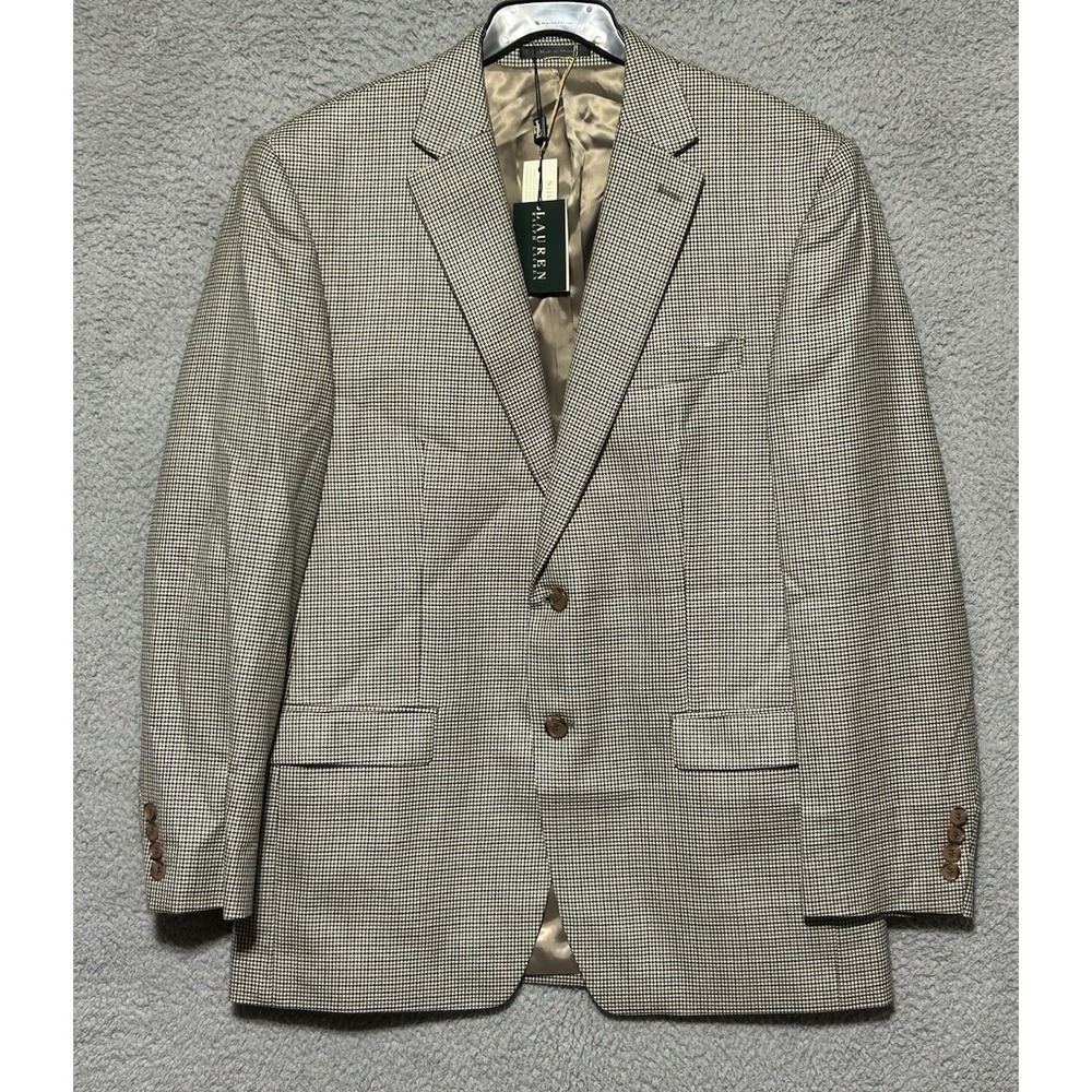 Lauren Ralph Lauren Brown Houndstooth Sport Coat Blazer Silk Wool 42R NWT